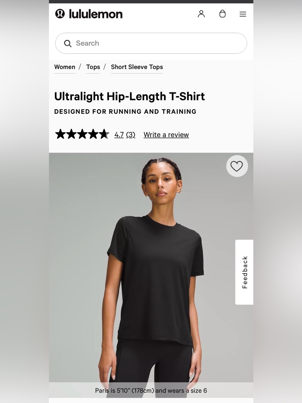Lululemon Black ultralight hip-length t-shirt size 12